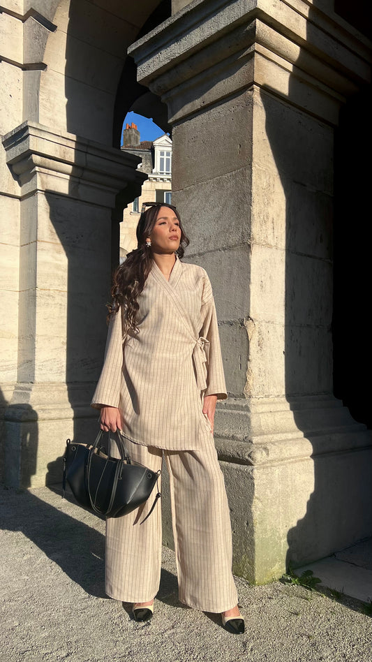 Ensemble à rayé à nouer effet lin - beige