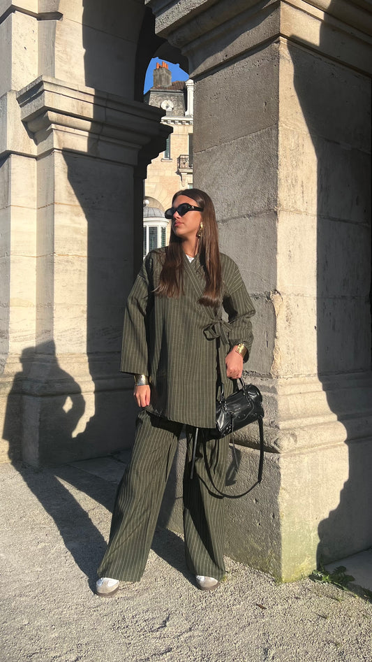 Ensemble rayé à nouer effet lin - kaki